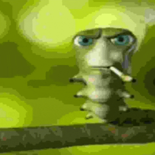 a caterpillar from shrek is smoking a cigarette .
