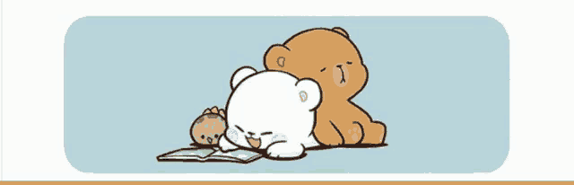 a couple of teddy bears are laying on the floor reading a book together .