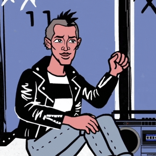 a cartoon of a man with a mohawk sitting next to a boombox with the number 11 on it