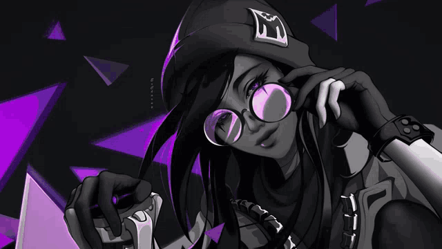 a black and white drawing of a girl wearing glasses and a hat with a letter e on it
