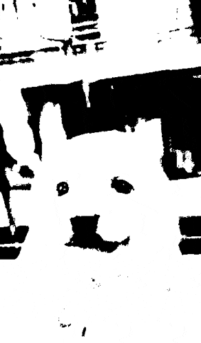 a black and white drawing of a dog 's face with trees in the background