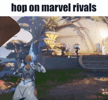 a video game with the words hop on marvel rivals on the bottom