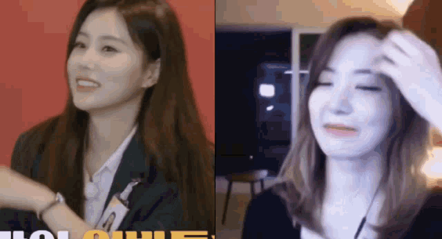 a woman in a suit is smiling next to another woman with her eyes closed ..