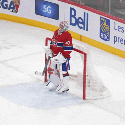 a hockey player with the number 30 on his jersey stands in front of a net
