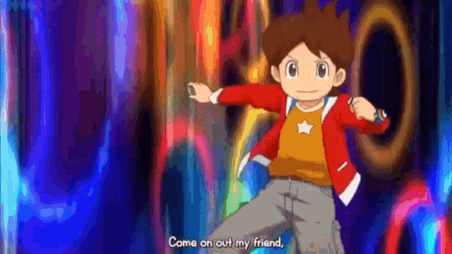 a boy in a red jacket is dancing and says come on out my friend .
