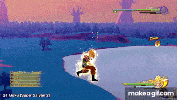 a screenshot of a video game with gt goku super saiyan 2