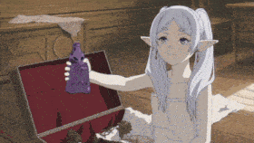 a girl is holding a purple bottle in front of a trunk