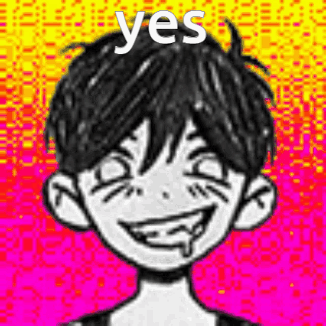 a black and white drawing of a boy with a smiley face and the words `` yes '' written above him .