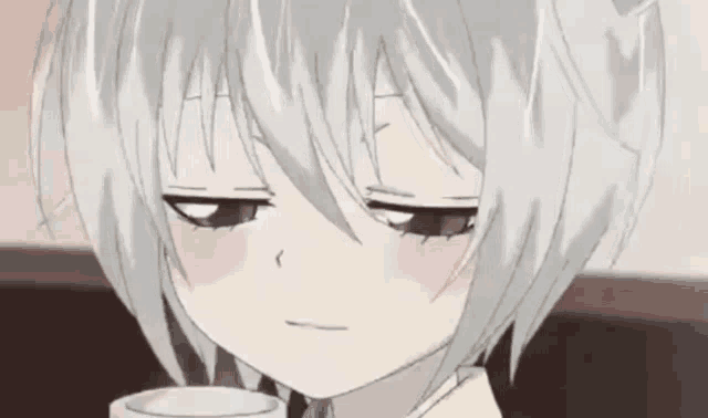 a close up of a anime girl with white hair holding a cup of water .