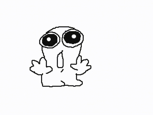 a black and white drawing of a cartoon character with big eyes and arms