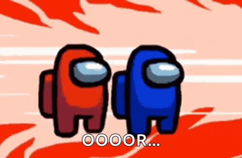 a red and a blue character from among us are standing next to each other .
