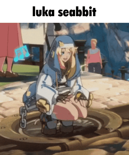 a cartoon of a girl kneeling down with the caption luka seabbit