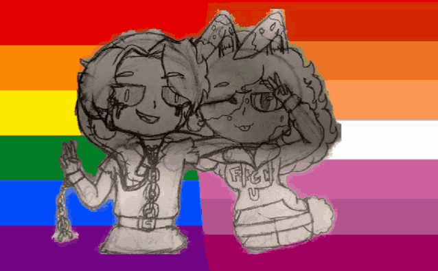 a drawing of a couple with a rainbow flag behind them