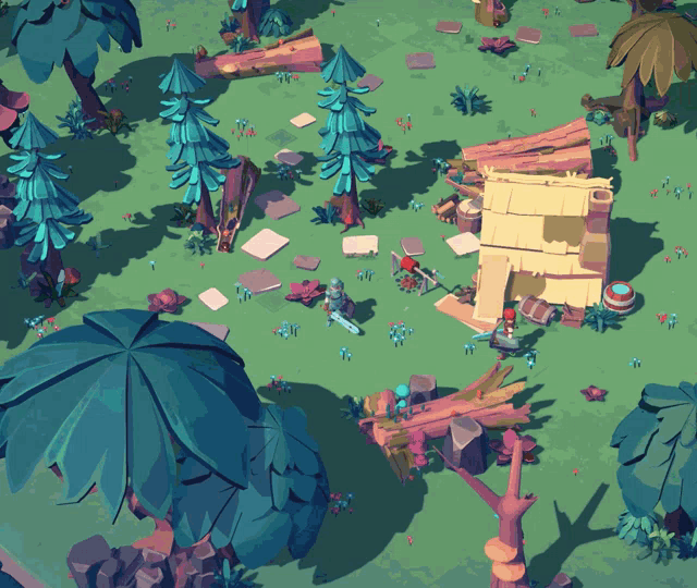 an aerial view of a cartoon scene with trees and buildings