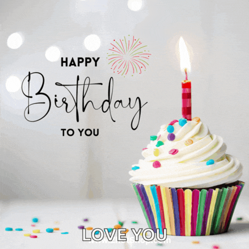 a cupcake with a lit candle and the words happy birthday to you below it