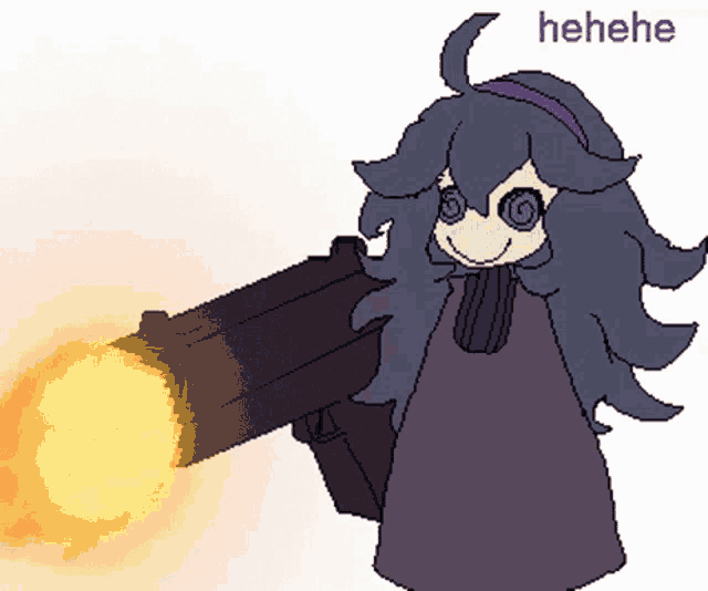 a pixel art drawing of a girl holding a gun with the word ' henehe ' above her