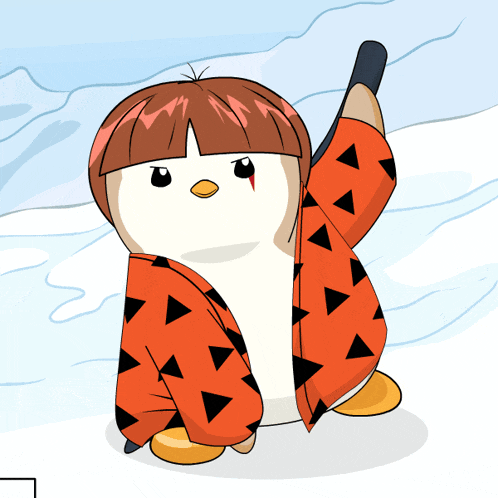 a penguin wearing a red and black kimono holding a stick