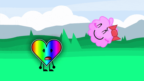 a cartoon of a rainbow heart and a pink cloud