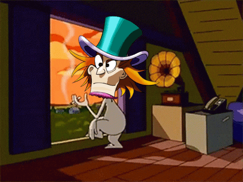 a naked cartoon character wearing a top hat stands in front of a window