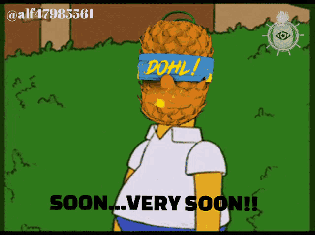 a cartoon of homer simpson with a pineapple on his head and the words soon very soon below him