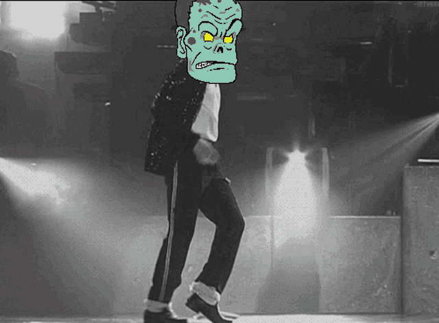 a cartoon drawing of a man dancing with a green face