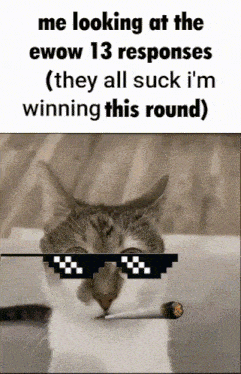 a cat wearing sunglasses is smoking a cigarette with the caption " me looking at the ewow 13 responses "