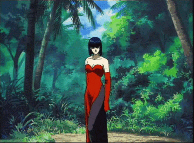 a woman in a red dress is standing in a lush green forest