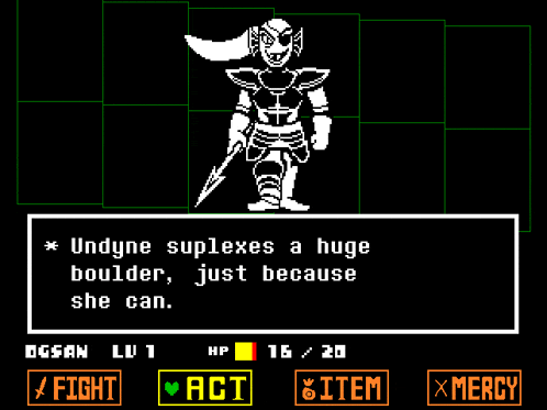 a video game screen shows a character named undyne holding a spear .