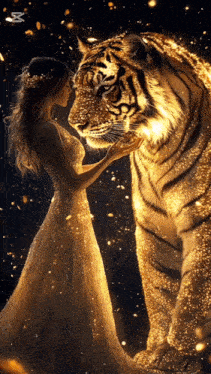 a woman in a white dress stands next to a tiger that is glowing gold