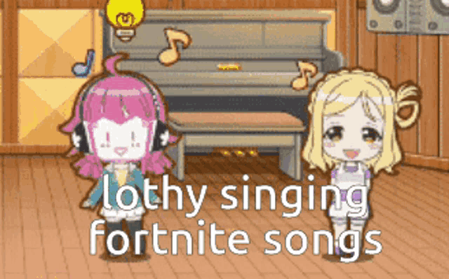 two anime girls are singing fortnite songs in front of a piano