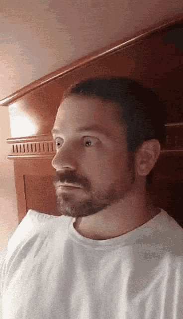 a man with a beard wearing a white shirt looks to the side