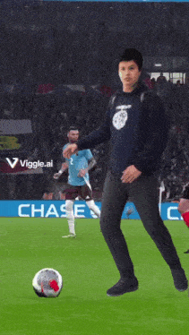 a soccer player wearing a blue shirt that says viggle.ai on it