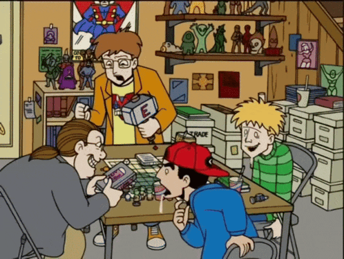 a cartoon of a group of people playing a board game with a box that says trade on it
