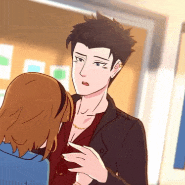 a cartoon drawing of a man and a woman talking