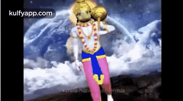 a cartoon of hanuman holding a hammer and a ball in his hand .