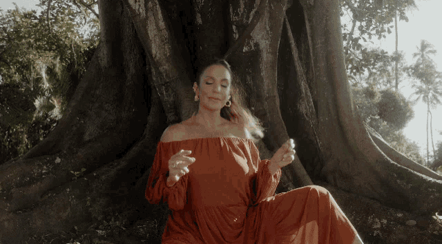 a woman in an orange dress sits under a tree