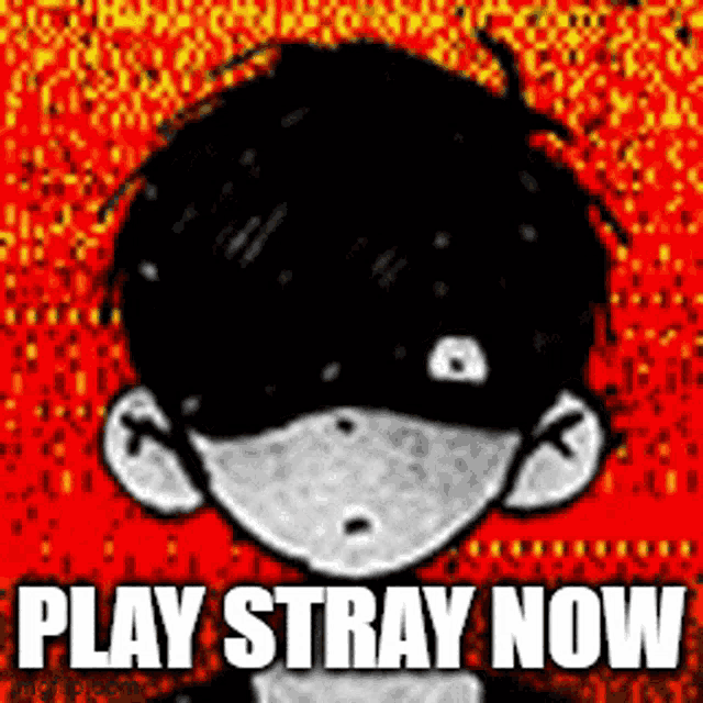 a black and white drawing of a boy with the words play stray now below it