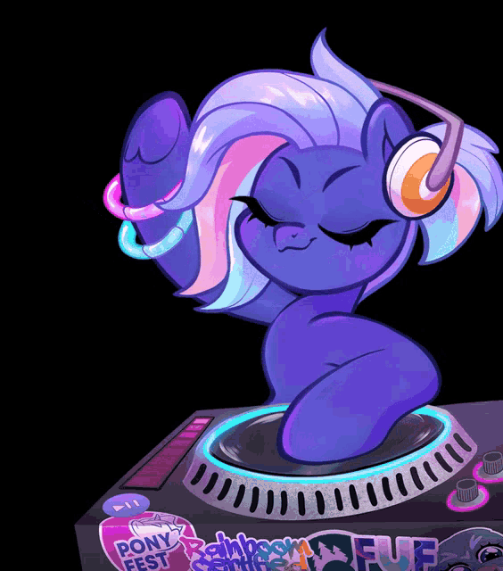 a cartoon of a pony wearing headphones is on a turntable that says pony fest on it