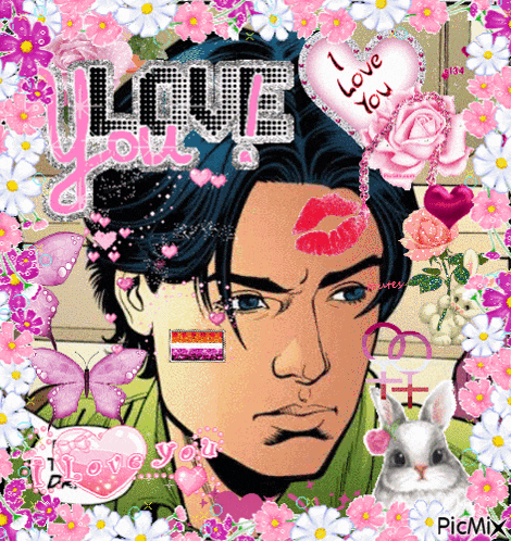 a man with a kiss on his forehead is surrounded by pink flowers and butterflies