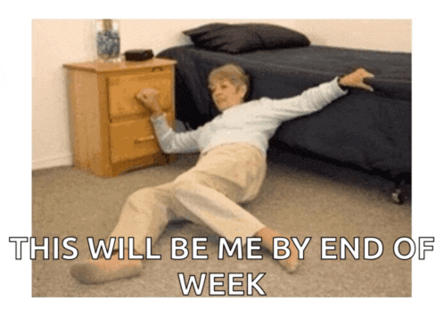 an elderly woman is laying on the floor next to a bed and a nightstand with the caption this will be me by end of week