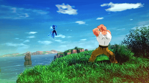 a man is standing on a grassy hill looking at a woman flying in the sky