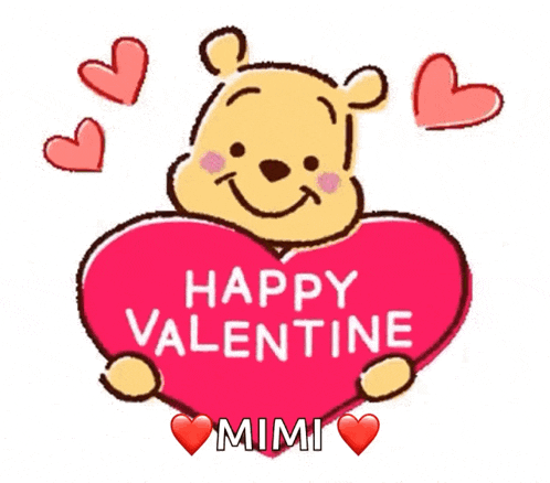 winnie the pooh is holding a red heart that says happy valentine mimi .