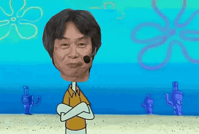 a cartoon of a man with a microphone on his head in front of a spongebob background