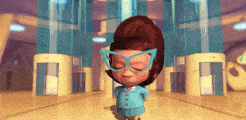 a cartoon girl wearing glasses and a blue suit