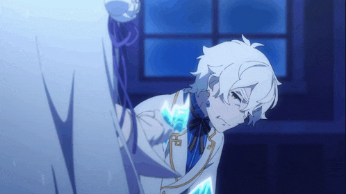 a boy with white hair and a blue bow tie is holding a sword