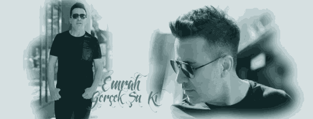 a man wearing sunglasses and a black shirt stands in front of a sign that says emrahi