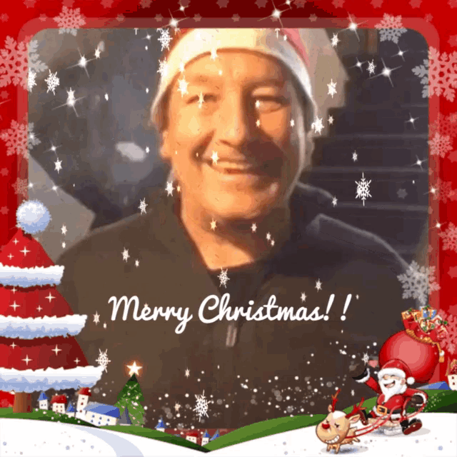 a man wearing a santa hat is surrounded by snowflakes and says merry christmas