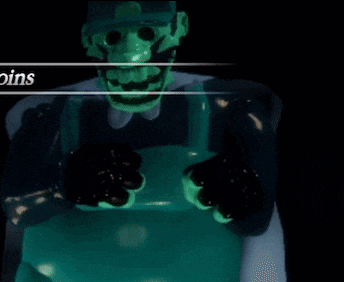 a man with a green face and black gloves is standing in a dark room with the word coins on the bottom