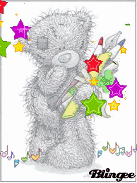 a drawing of a teddy bear holding a brush surrounded by colorful stars