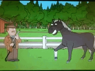 a cartoon of a man holding a gun and a horse